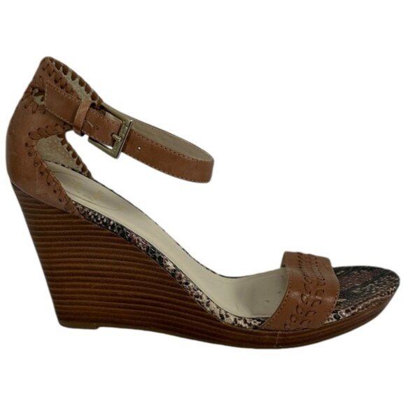 Jack Rogers Brown Wedge Sandals Womens Size 8.5 M Leather Bohemian Brazil Snake - Picture 2 of 16